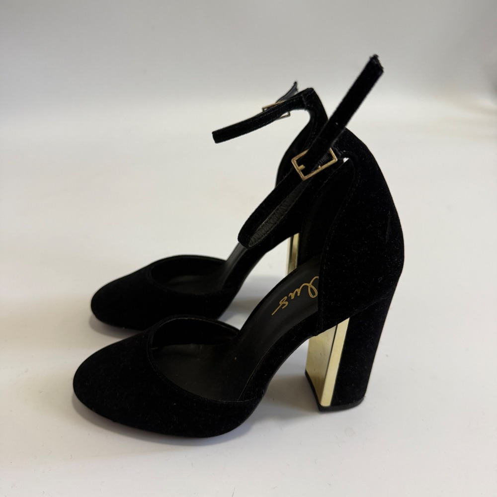 Lulus Black Velvet Ankle Strap D'Orsay Pumps Gold Metallic Block Heel Size 5